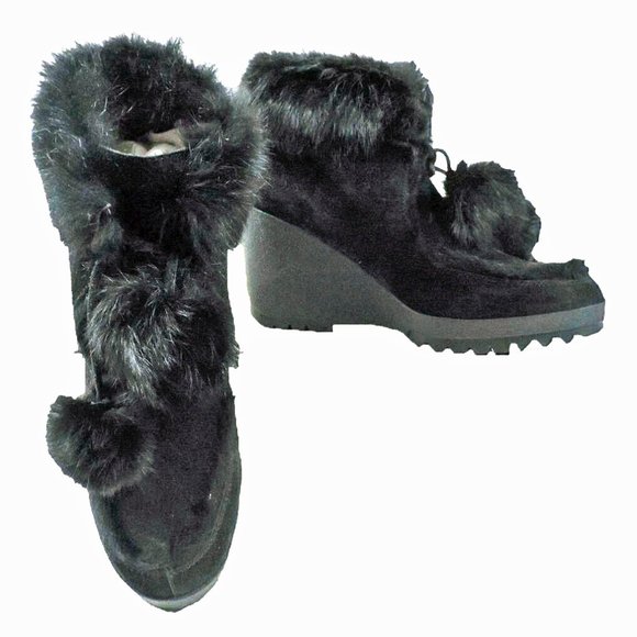 COACH Kataya Black Suede Rabbit Fur Trim Lace Up Wedge‎ Booties - Picture 10 of 10